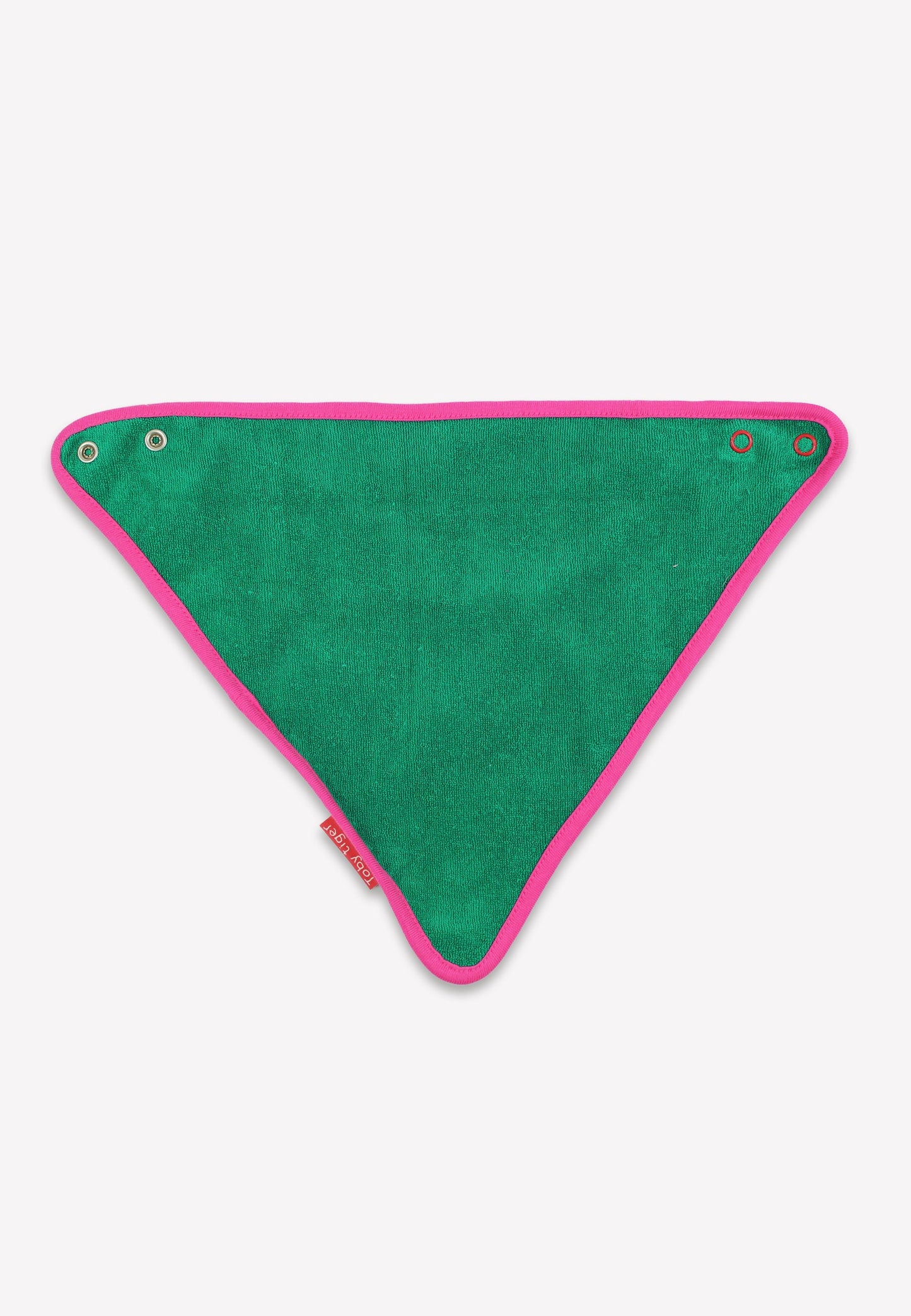 Green triangle-shaped product with pink border on a white background