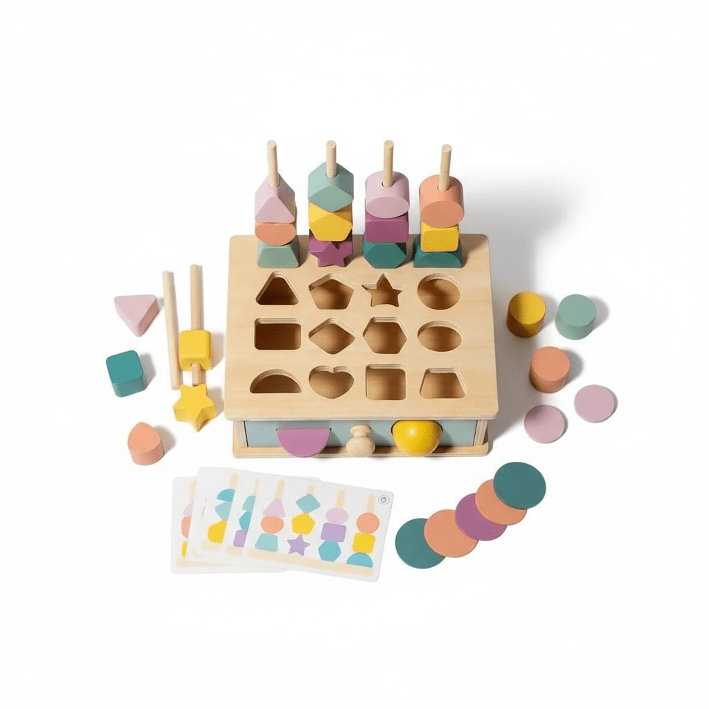 Pastel wooden shape matching and sorting box with drawer, view 3