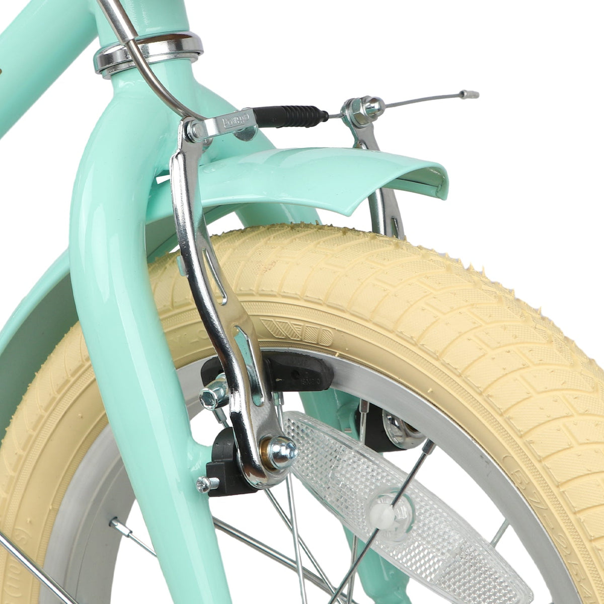 Glerc Little Molly 14 inch kids bike with stabilisers, wicker basket and mudguards in Mint Green, view 5