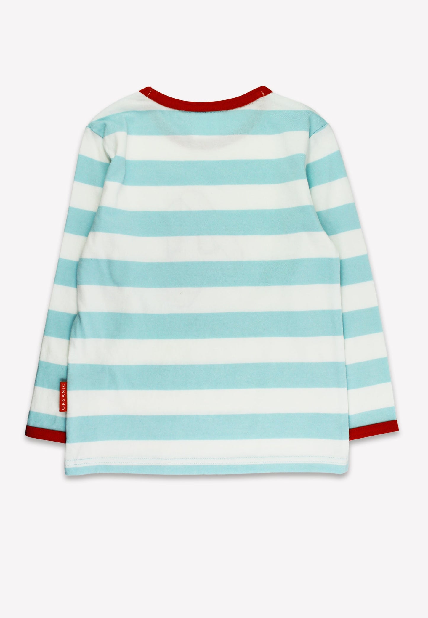 Striped long-sleeve shirt with red trim on a white background