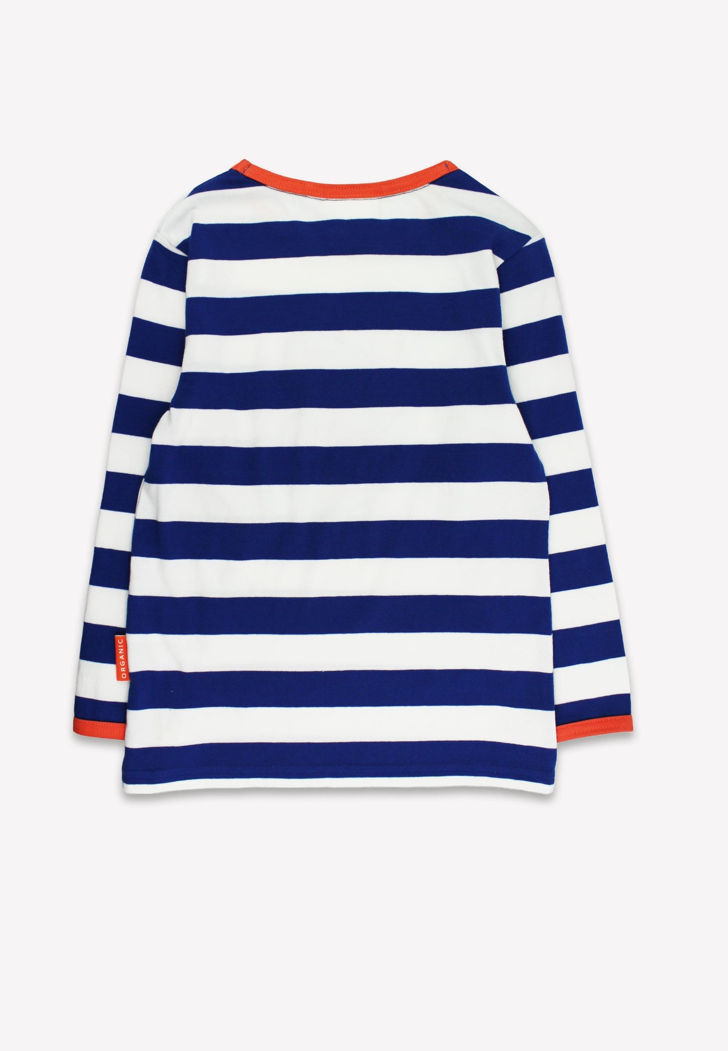 Blue and white striped dress with red accents on a white background