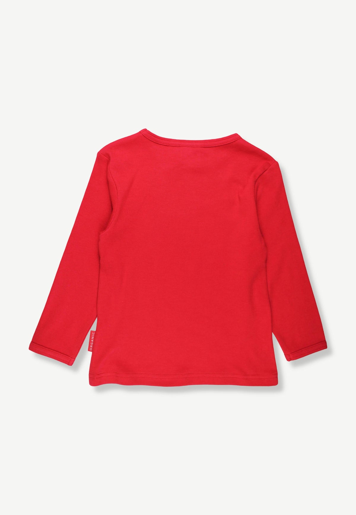 A bright red long-sleeve t-shirt shown from the back, laid flat against a light off-white background.