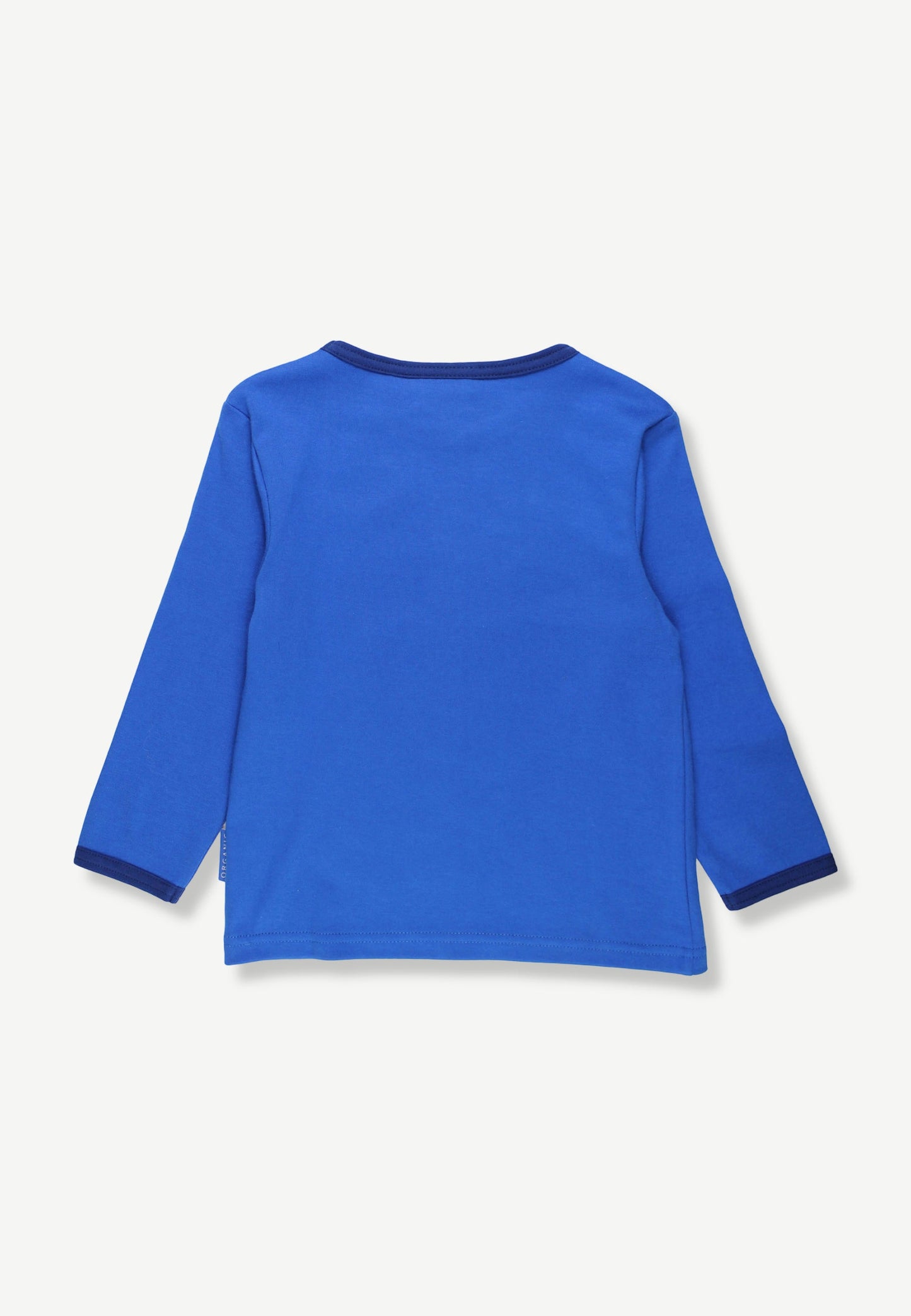 A bright blue long-sleeve shirt shown from the back, featuring dark blue ribbed trim on the collar and cuffs, laid flat against a light off-white background.