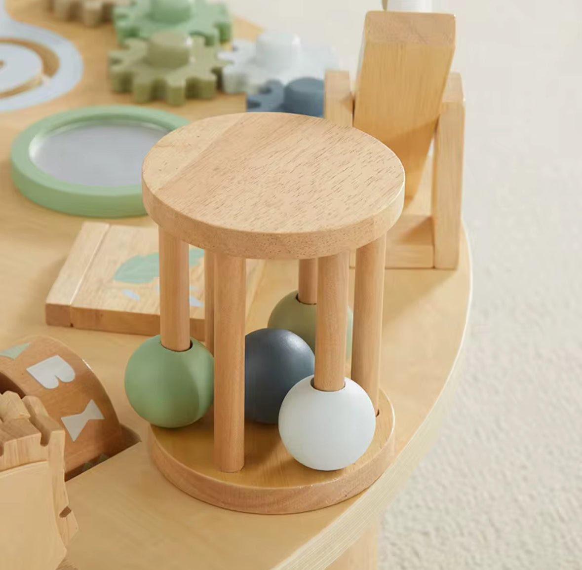 Montessori wooden toddler activity table with bead tracks, gears and stackers, view 3