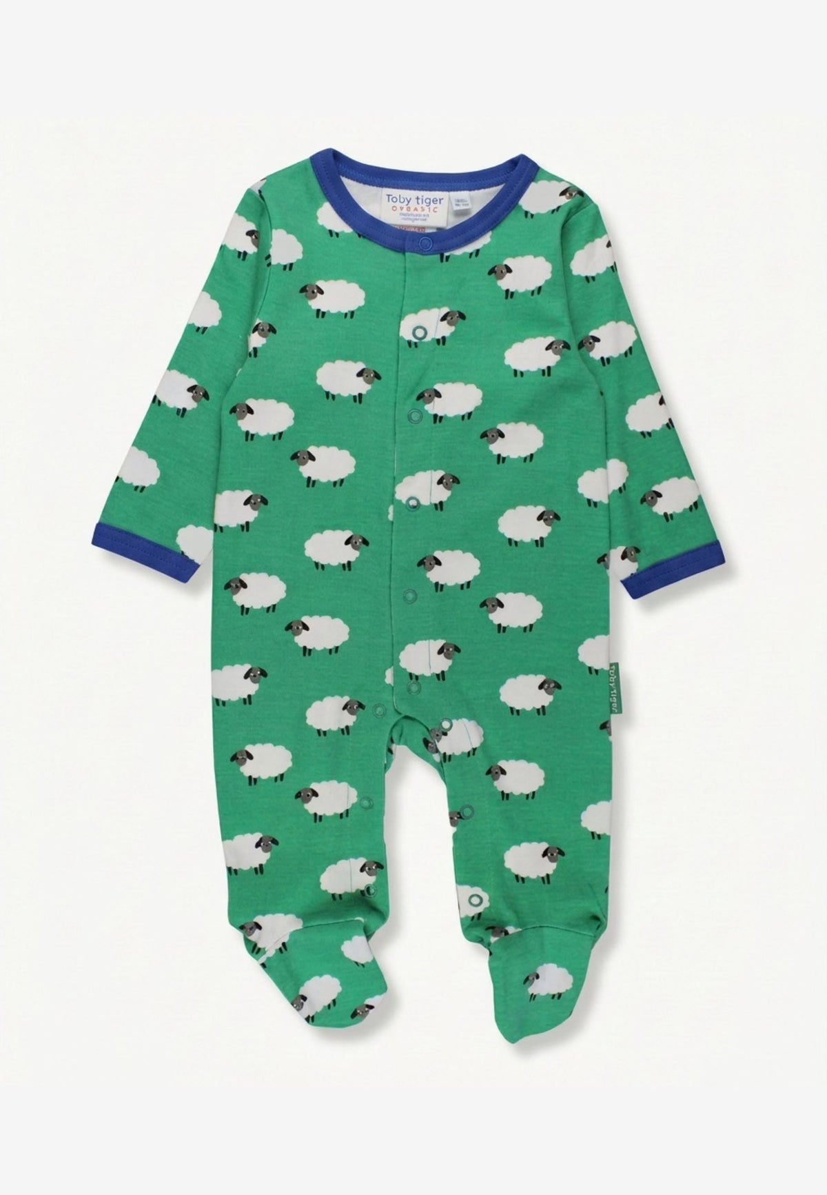 A baby long-sleeve footed sleeper in green with a white sheep pattern, featuring blue trim at the collar and cuffs, shown flat on a white background.