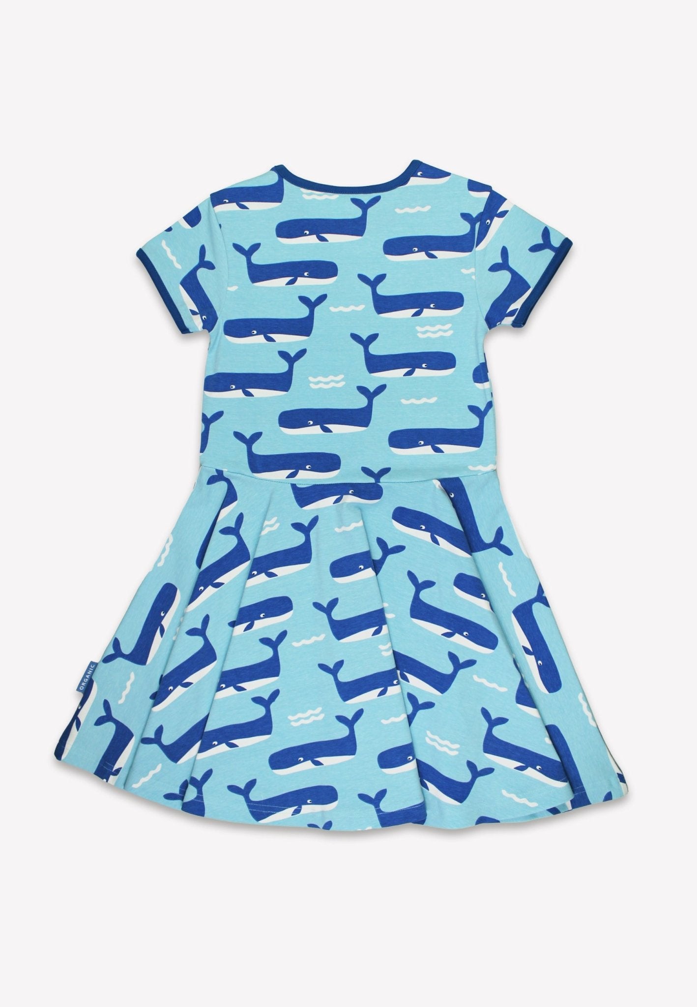 Organic Whale Waves Print Short Sleeved Skater Dress by Toby Tiger, GOTS-certified, vetted by KIDDYKIND