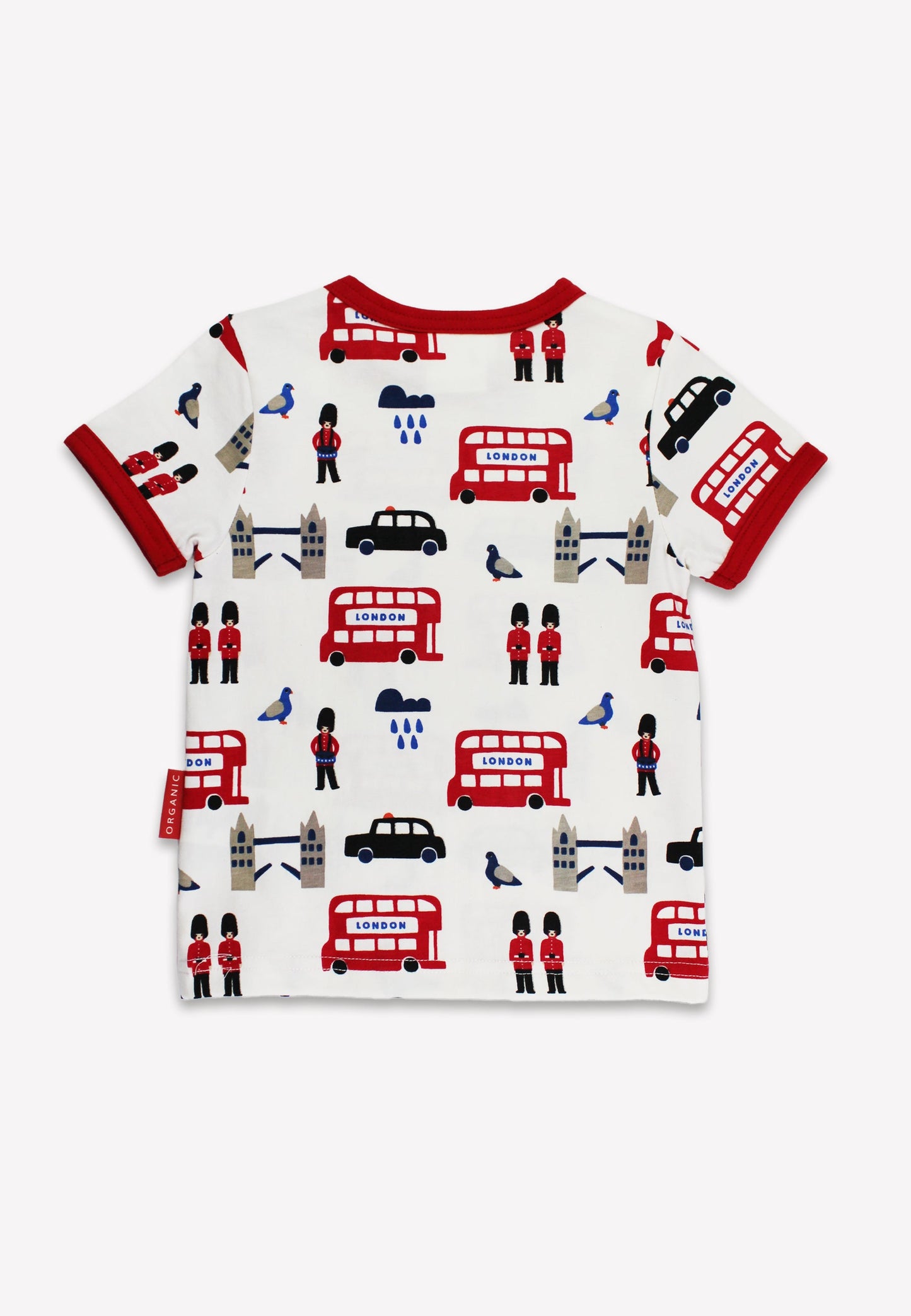 Children's t-shirt with London-themed pattern on a white background