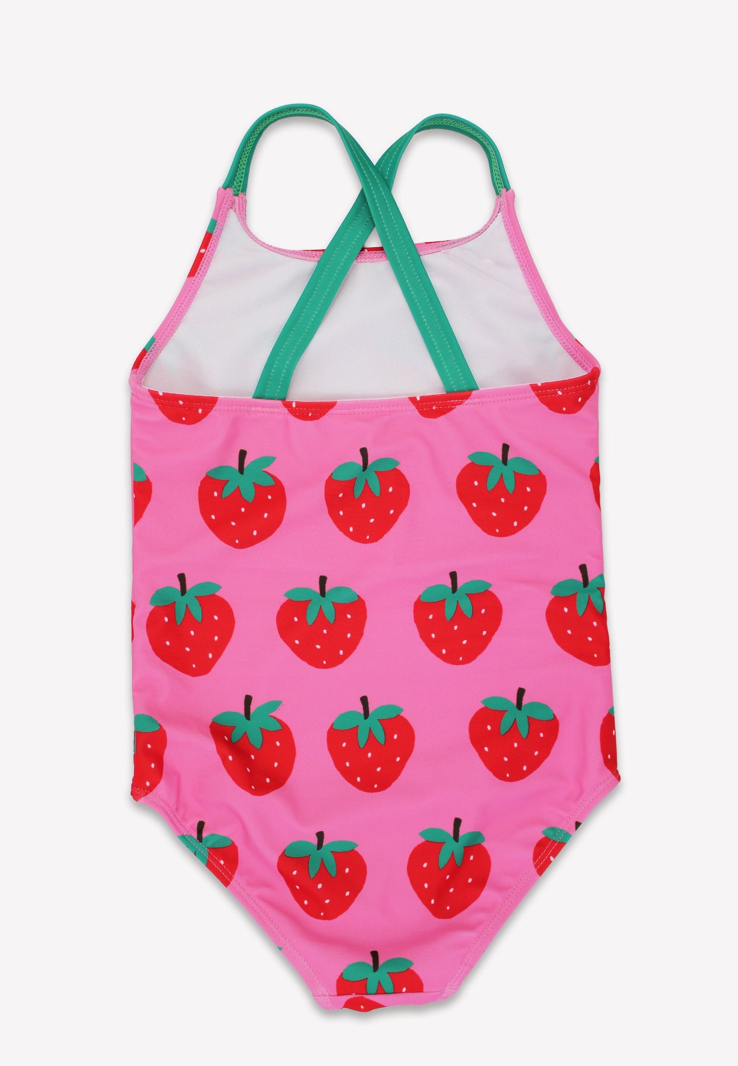 Pink swimsuit with strawberry pattern on a white background