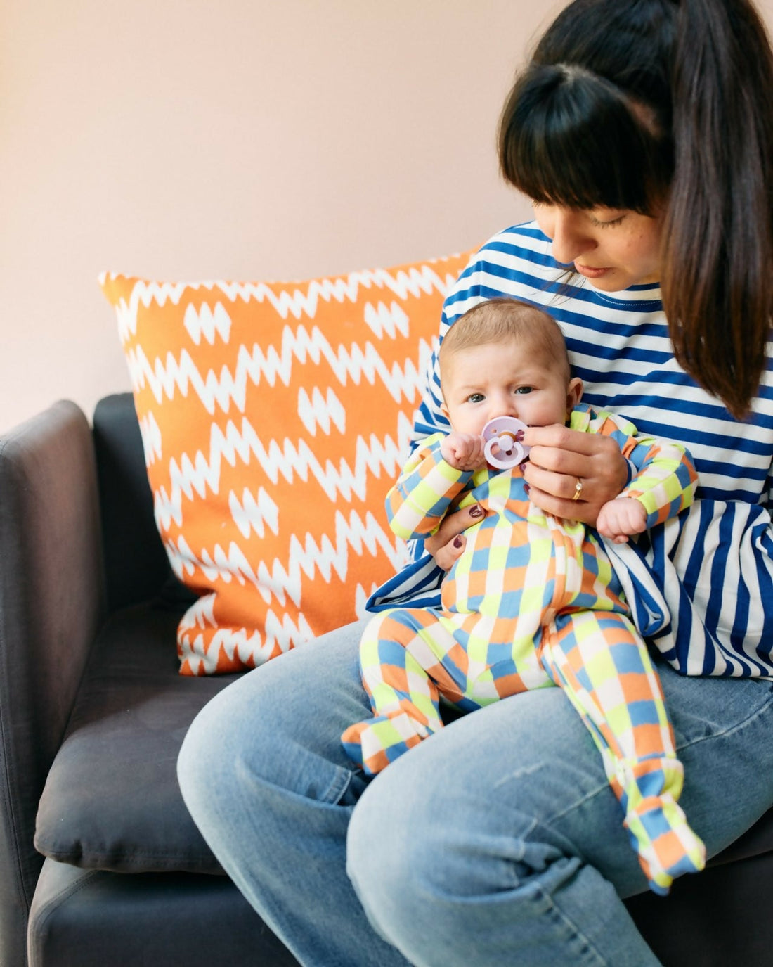 CHACHI Brushstroke Check organic cotton baby sleepsuit, GOTS certified sleepwear