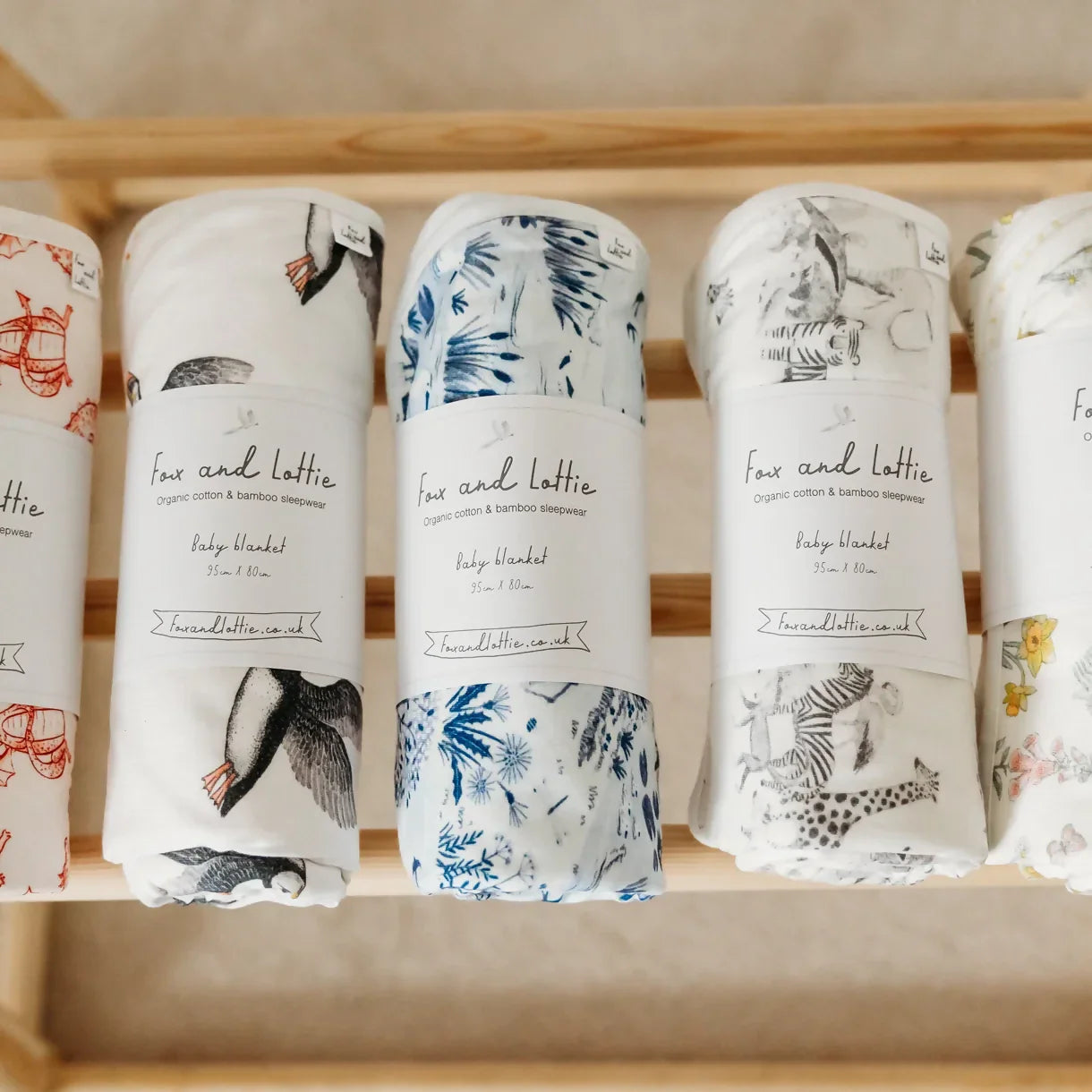Fox and Lottie organic cotton bamboo baby blankets on display - sustainable baby blankets UK | Kiddykind