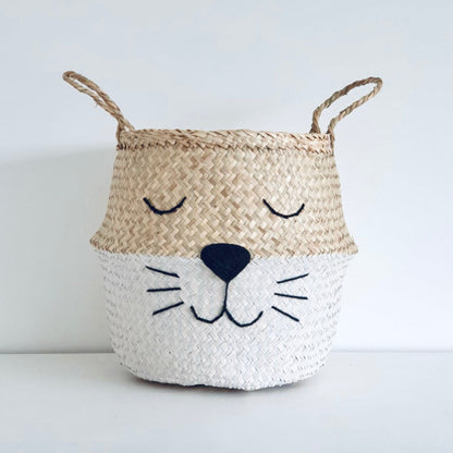 Handwoven seagrass cat whiskers storage basket with white base