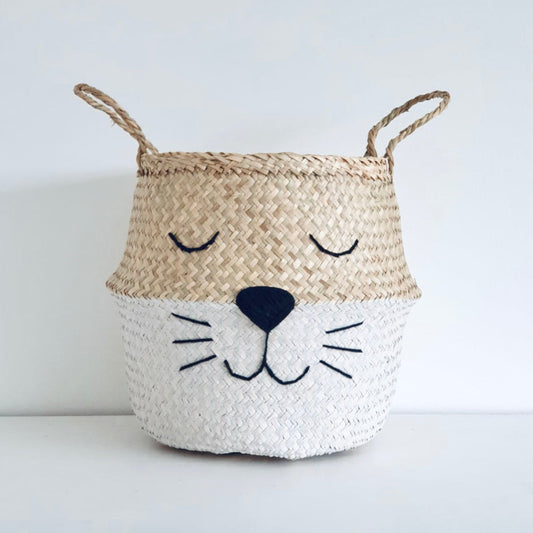 Handwoven seagrass cat whiskers storage basket with white base