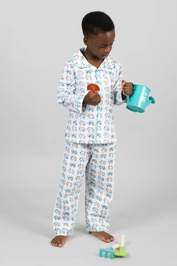 100% GOTS Certified Organic Cotton Kids Pyjamas. Award-winning kids pyjamas printed with dot to dot Ella the Elephant, that get softer with each wash. Kutti Lulu kids pyjamas, organic cotton kids pyjamas, organic cotton baby sleepwear