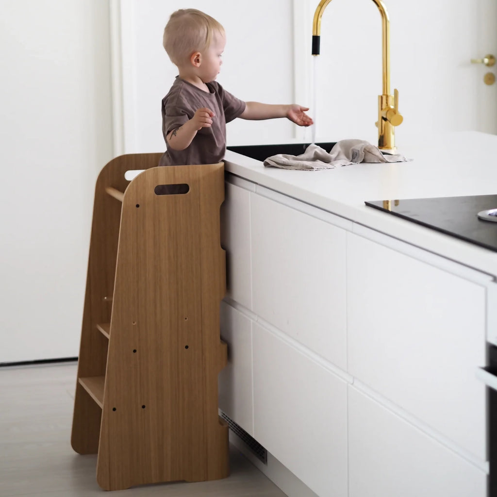 Wooden toddler tower by curve lab, wooden learning tower