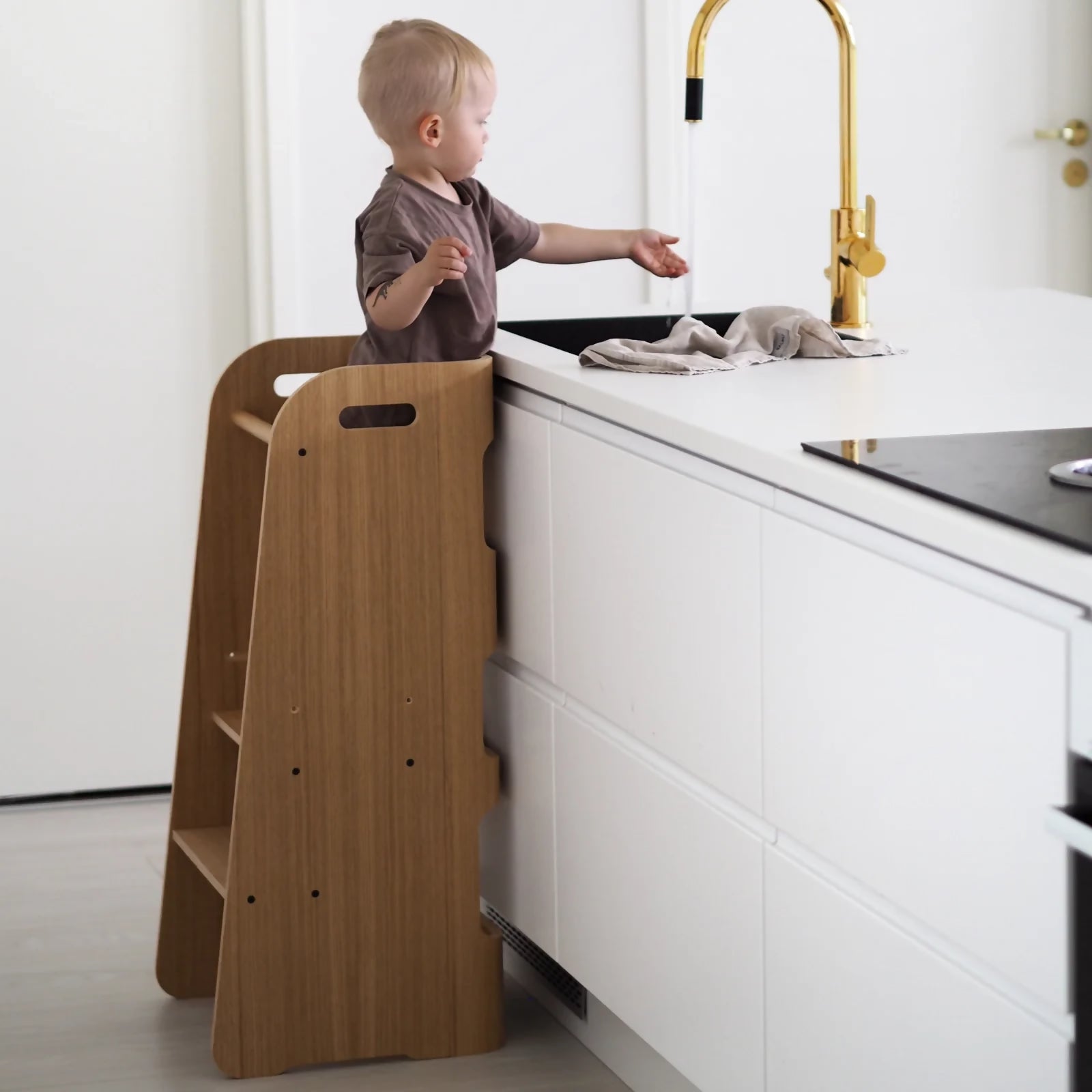 Wooden toddler tower by curve lab, wooden learning tower