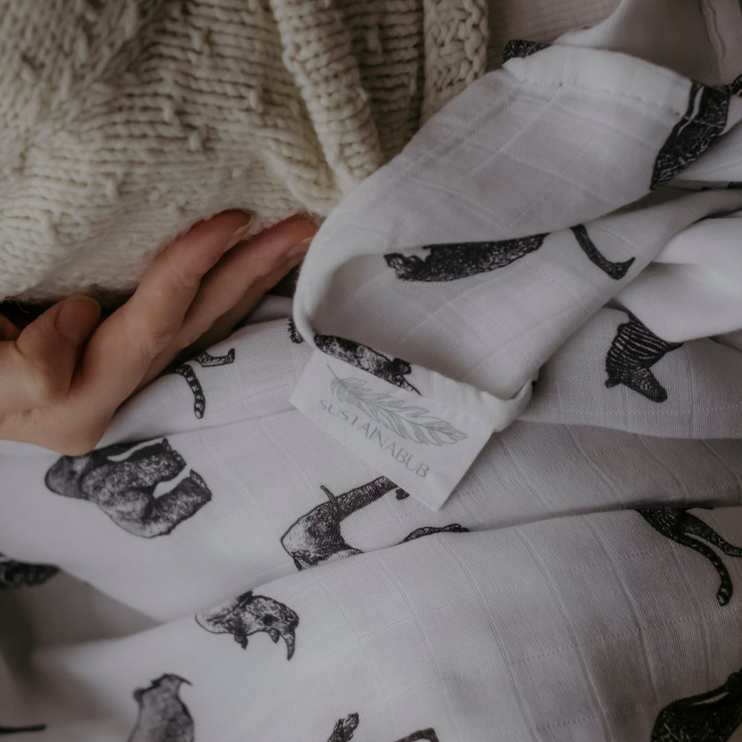 Safari Print Baby Muslins - Pack of 3 (60x60cm) by Sustainabub, organic cotton, vetted by KIDDYKIND