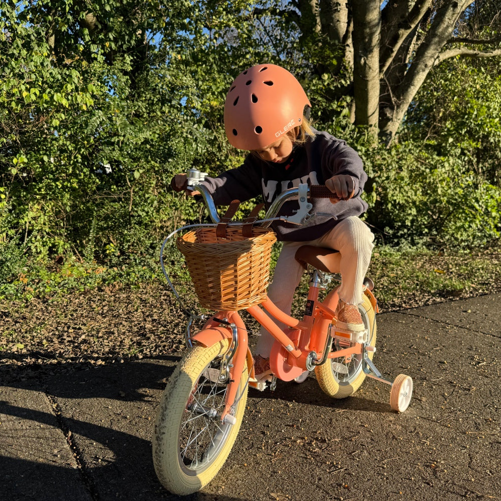 Glerc Little Molly 16 inch kids bike with stabilisers, wicker basket and mudguards in Peach, view 2