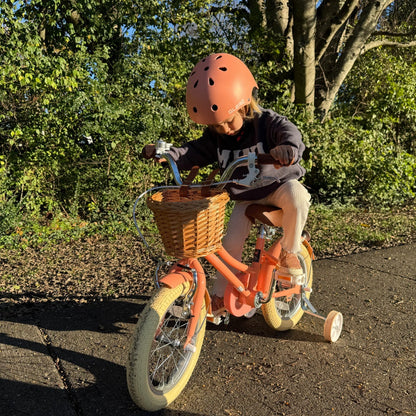 Glerc Little Molly 14 inch kids bike with stabilisers, wicker basket and mudguards in Peach, view 3