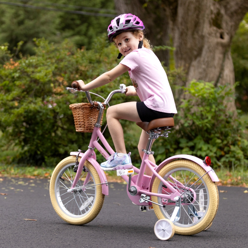 Glerc Little Molly 14 inch kids bike with stabilisers, wicker basket and mudguards in Pink
