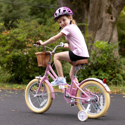 Glerc Little Molly 14 inch kids bike with stabilisers, wicker basket and mudguards in Pink