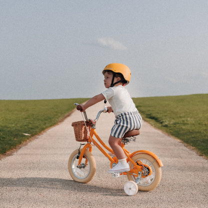 Glerc Little Molly 12 inch kids bike with stabilisers, wicker basket and mudguards in Yellow, view 2