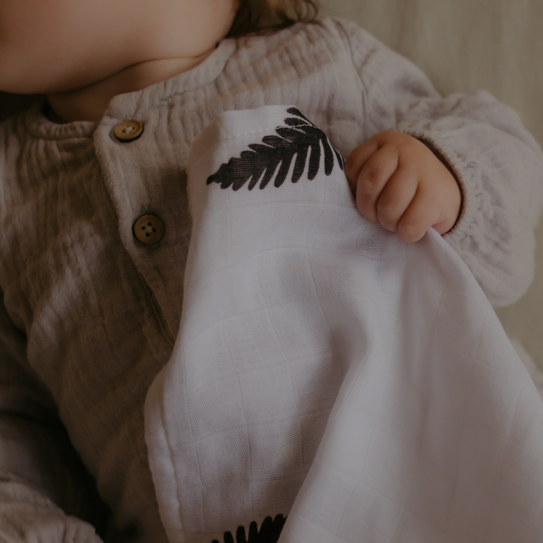 Fern Print Baby Muslins - Pack of 3 (60x60cm) by Sustainabub, organic cotton, vetted by KIDDYKIND