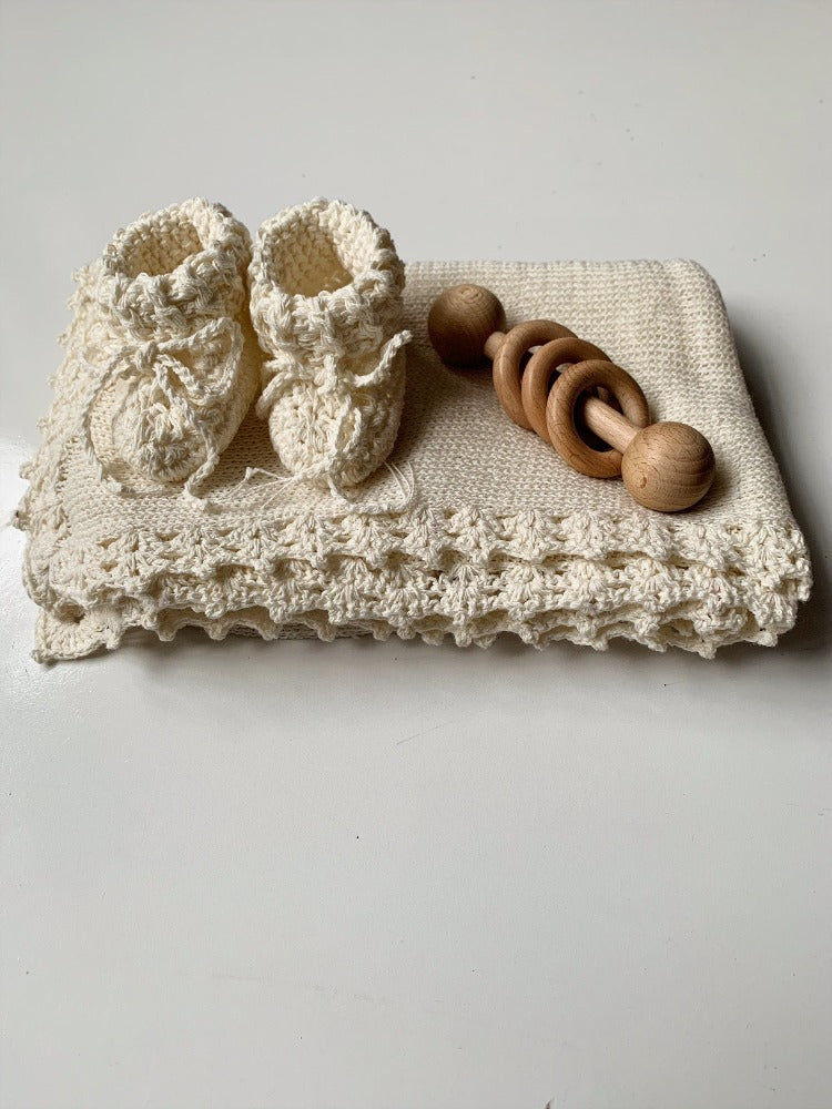 Organic cotton lightweight baby swaddle with crochet trim - The Florence Blanket