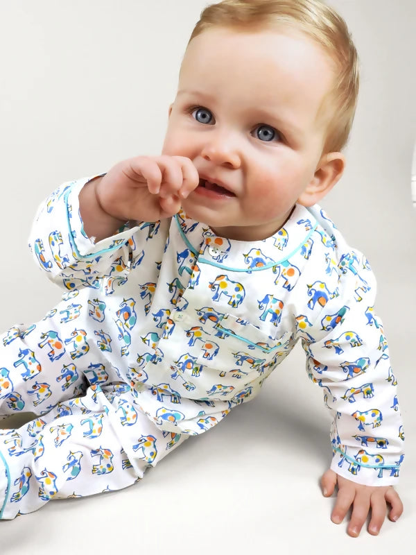 100% GOTS Certified Organic Cotton Kids Pyjamas. Award-winning kids pyjamas printed with dot to dot Ella the Elephant, that get softer with each wash. Kutti Lulu kids pyjamas, organic cotton kids pyjamas, organic cotton baby sleepwear