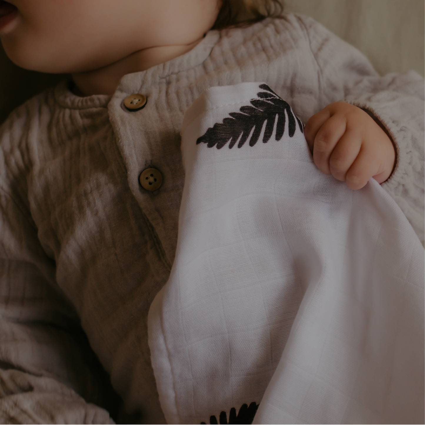 Fern Print Baby Muslin Swaddle (120x120cm) by Sustainabub, organic cotton, vetted by KIDDYKIND