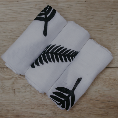 Fern Print Baby Muslins - Pack of 3 (60x60cm) by Sustainabub, organic cotton, vetted by KIDDYKIND