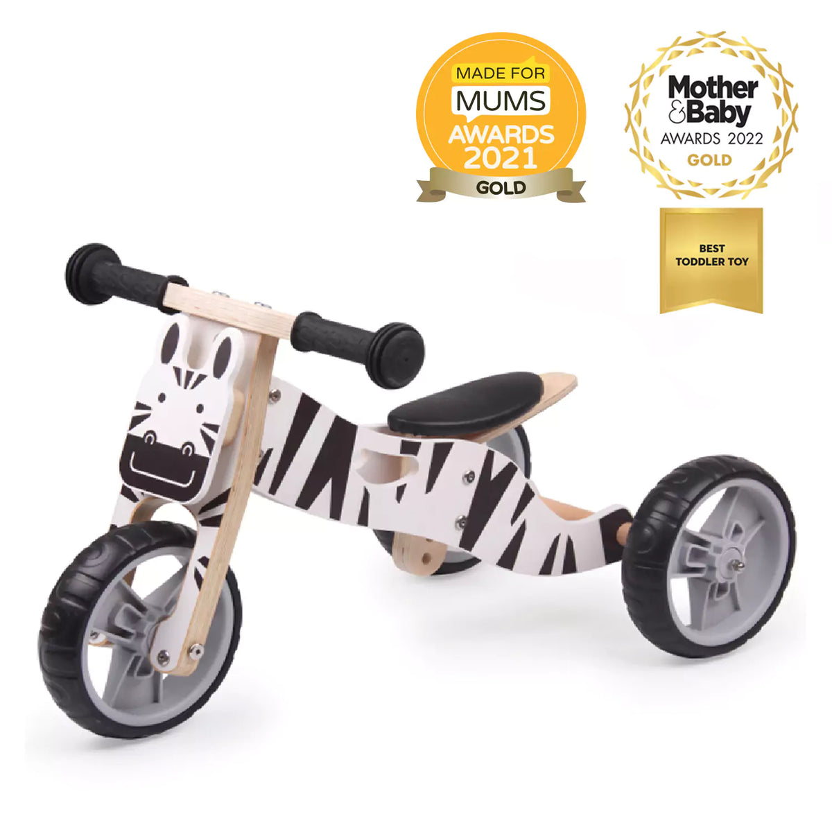 Hooga Playroom 2-in-1 wooden toddler balance bike and trike in Zebra