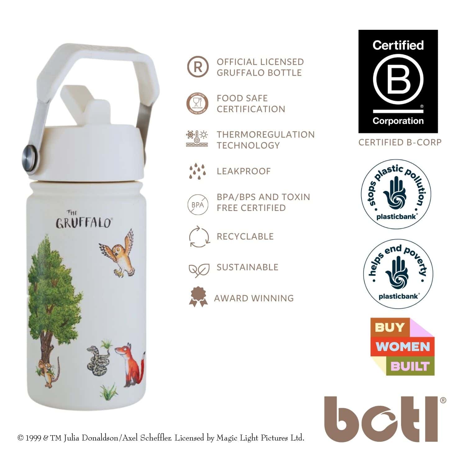 Eco kids bottle: 400ml Epic Gruffalo Stainless Steel Kids Water Bottle | Cream | BOTL | One Green Bottle UK