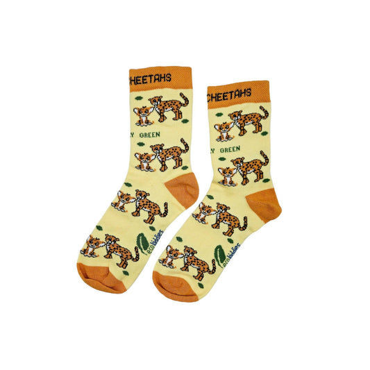 Eco Kiddies Caring Cheetahs organic cotton kids socks - sustainable wildlife animal print children's socks UK | Kiddykind