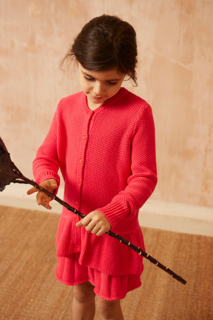 Moss Stitch Ruffled Cardigan | Raspberry by MIKA & MILO, organic cotton, vetted by KIDDYKIND