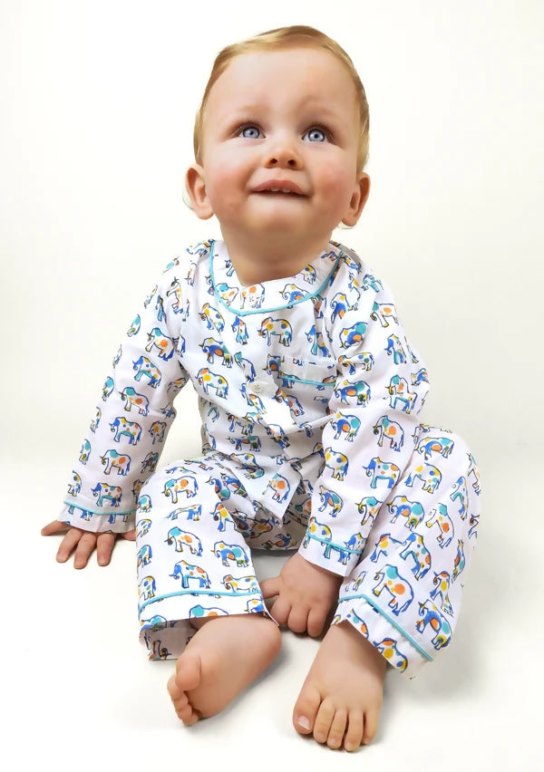 100% GOTS Certified Organic Cotton Kids Pyjamas. Award-winning kids pyjamas printed with dot to dot Ella the Elephant, that get softer with each wash. Kutti Lulu kids pyjamas, organic cotton kids pyjamas, organic cotton baby sleepwear