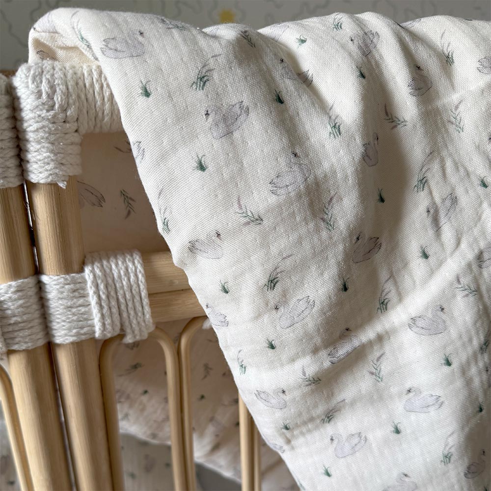 Organic Muslin Cot Bedding  Set -  Swans