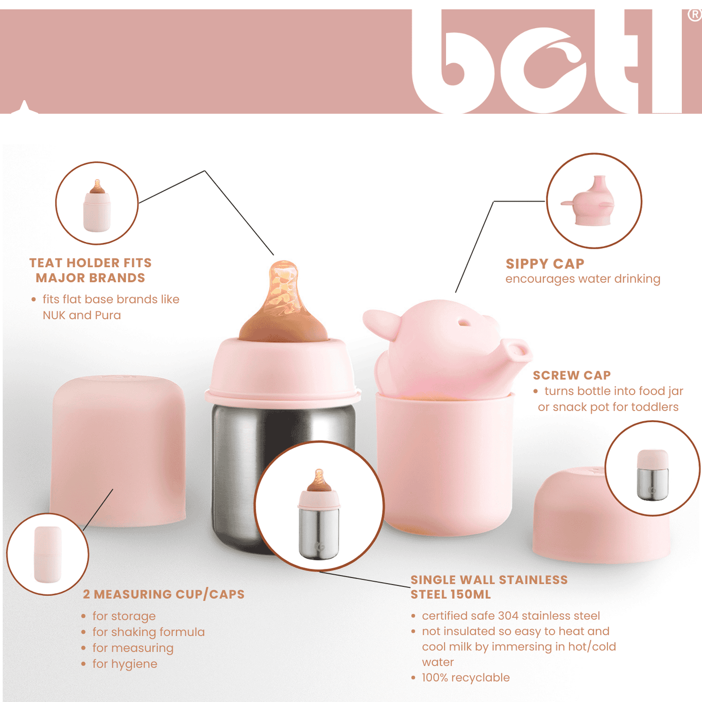 150ml Bunny Pink stainless steel baby to toddler adaptive bottle bpa free | BPA-free plastic-free kids bottle UK