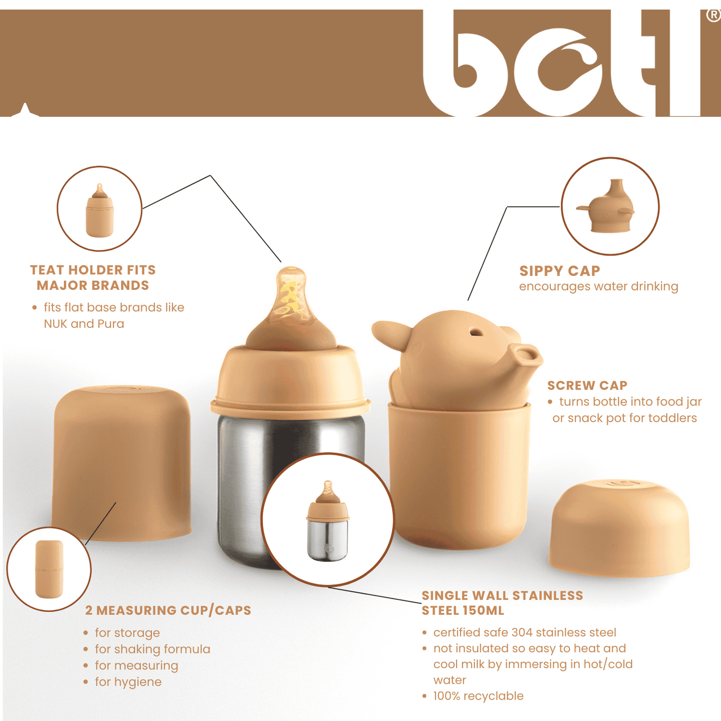 150ml Toffee stainless steel baby to toddler adaptive bottle BPA BPS free | BPA-free plastic-free kids bottle UK