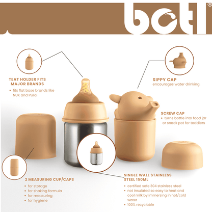 150ml Toffee stainless steel baby to toddler adaptive bottle BPA BPS free | BPA-free plastic-free kids bottle UK