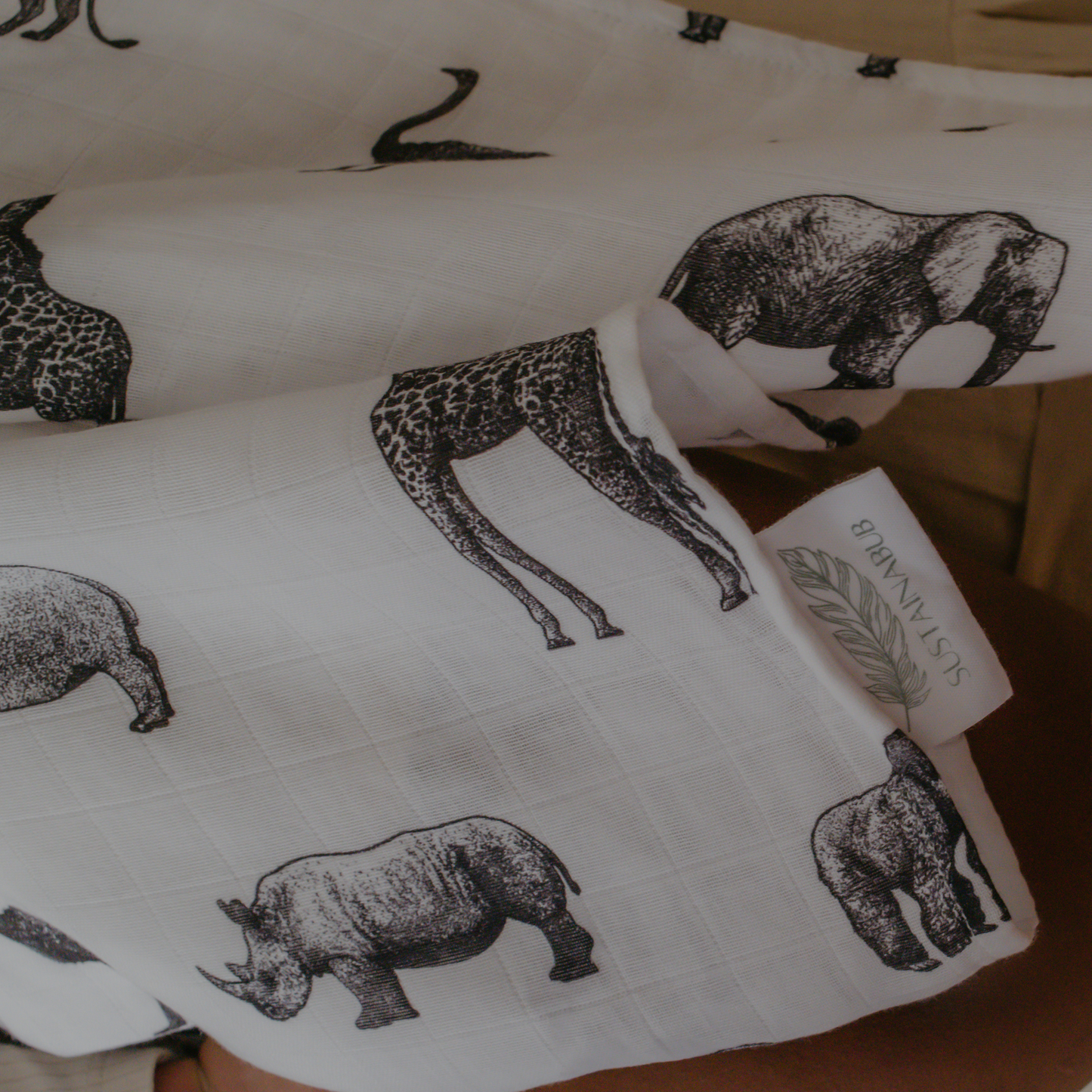 Safari Print Baby Muslin Swaddle (120x120cm) by Sustainabub, organic cotton, vetted by KIDDYKIND