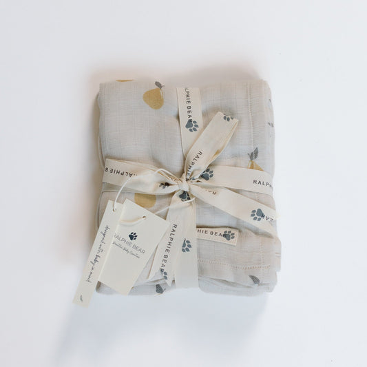 Ralphie Bear Pears oversized organic cotton swaddle muslin for newborns - sustainable baby muslin UK | Kiddykind