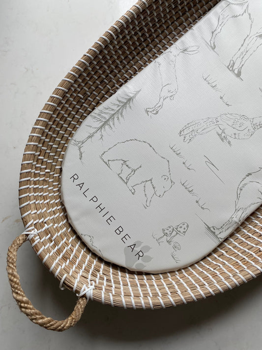 Ralphie Bear Woodland print changing basket moses basket mat liner - sustainable nursery accessories UK | Kiddykind