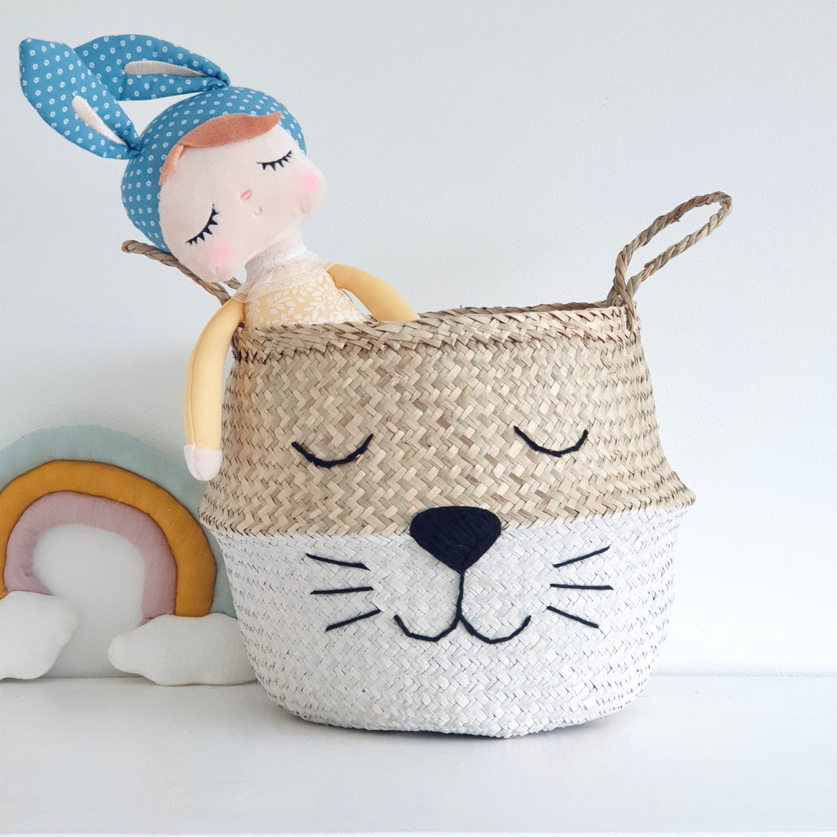 Handwoven seagrass cat whiskers storage basket with white base, view 5