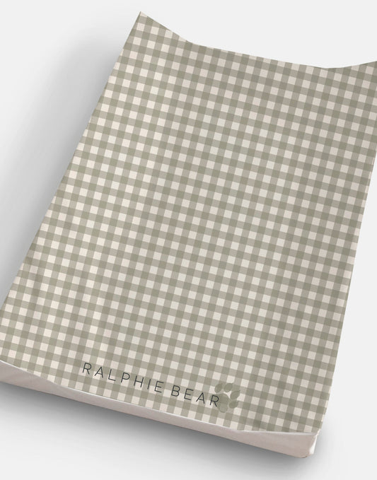 Ralphie Bear Gingham Sage anti roll wedge baby changing mat with raised support edges - sustainable nursery UK | Kiddykind