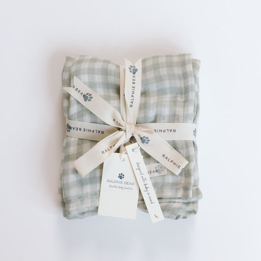 Ralphie Bear Gingham Sage oversized swaddle muslin for newborns sage green - sustainable baby muslin UK | Kiddykind