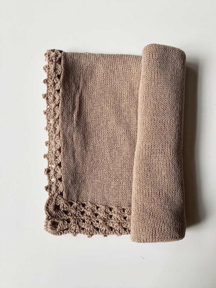 Organic cotton lightweight baby swaddle with crochet trim - The Florence Blanket