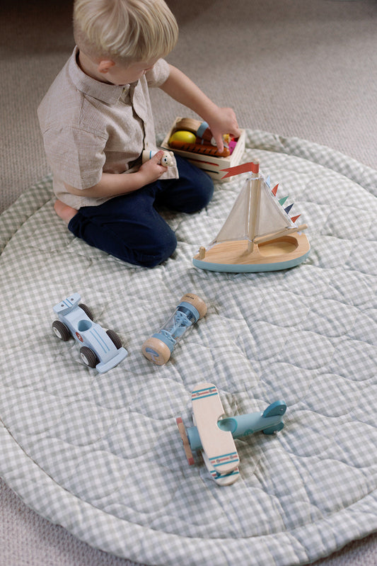 Ralphie Bear sage green gingham quilted baby playmat for tummy time - sustainable nursery playmat UK | Kiddykind