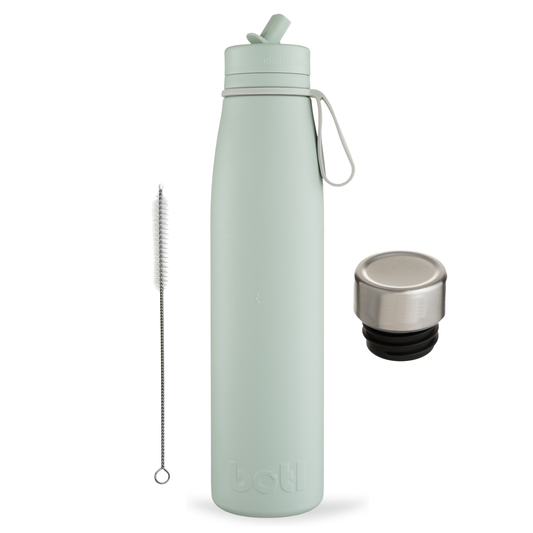 One Green Bottle 800ml Stainless Steel Insulated Bottle With Straw, Screw Cap & Brush | Evolution V2 detail view - sustainable eco-friendly kids stainless steel water bottle UK | Kiddykind