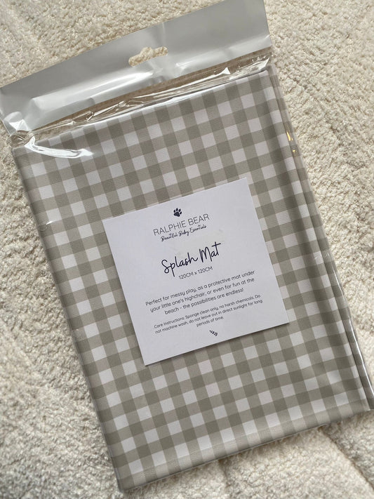 Ralphie Bear Gingham Sage weaning splash mat for mealtimes floor protection - sustainable baby weaning UK | Kiddykind