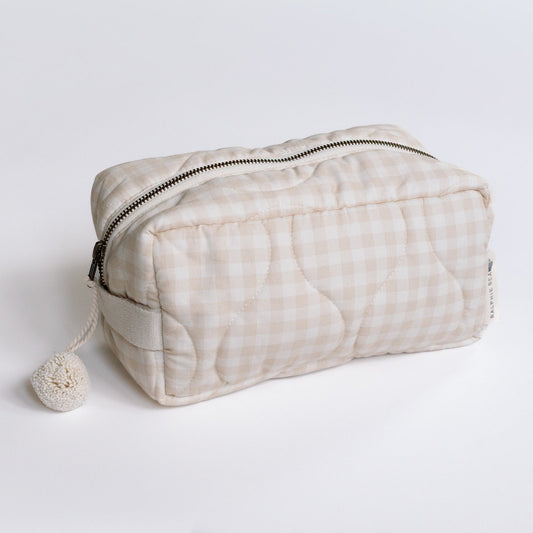 Ralphie Bear quilted washbag Gingham Beige pattern - sustainable baby travel accessories UK | Kiddykind